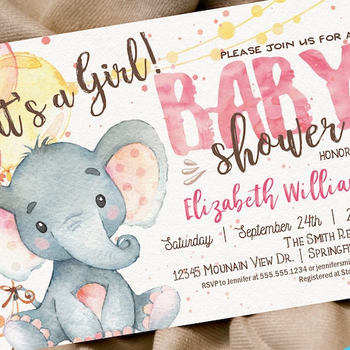 Editable Elephant Baby Shower Invitation.baby Elephant Girl Etsy
