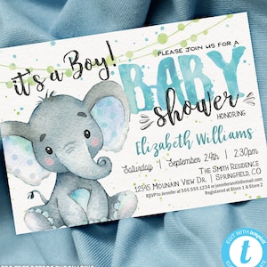 Elephant Baby Shower Invitation Boy | INSTANT DOWNLOAD | editable digital invite, Templett - 01h
