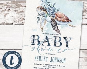 Sea Turtle Baby Shower Invitation, Ocean printable invite | INSTANT DOWNLOAD | editable digital file, Templett