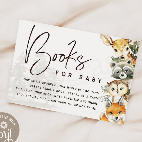 Woodland Baby Shower Book Request Card Printable | INSTANT DOWNLOAD | editable digital file, Corjl- ws5