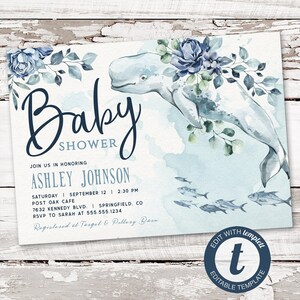Beluga Wal Baby Shower Einladung, Meer druckbare Einladung | SOFORT DOWNLOAD | bearbeitbare digitale Datei, Templett