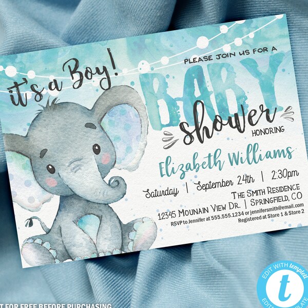 Elephant Baby Shower Invitation Boy editable digital file Templett - 01h