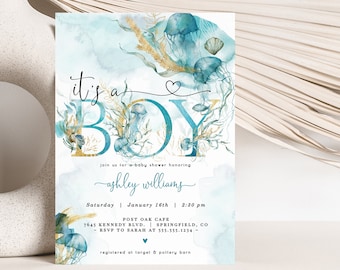 Ocean Baby Shower Invitation Boy, Editable Template Download, Corjl DIGITAL file, yd01
