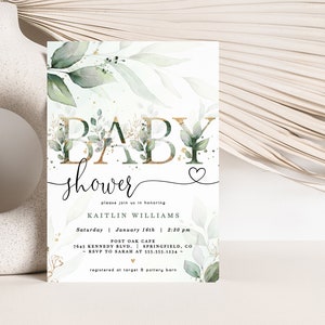 Editable Green & Gold Baby Shower Invitation Template DOWNLOAD, Eucalyptus Greenery 5x7 invite, DIGITAL file, Corjl, 09gr