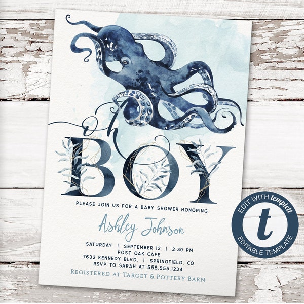 Ocean Boy Octopus Baby Shower Invitation, printable invite | INSTANT DOWNLOAD | editable digital file, Templett