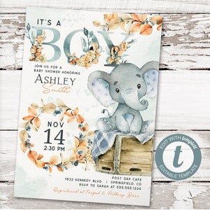 Elephant Baby Shower Invitation Boy | INSTANT DOWNLOAD | editable digital file, Templett, fs6