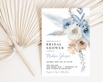 Editable Blue Boho Bridal Shower Invitation Template DOWNLOAD, Floral 5x7 invite, DIGITAL file, Corjl