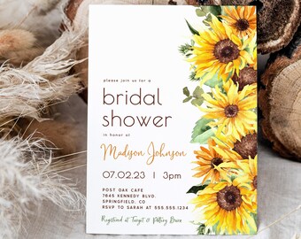 Sunflower Bridal Shower Invitation, Floral 5x7 invite | INSTANT DOWNLOAD | editable digital file, Corjl