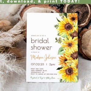Sunflower Bridal Shower Invitation, Floral 5x7 invite | TÉLÉCHARGEMENT INSTANTANÉ | fichier numérique modifiable, Corjl