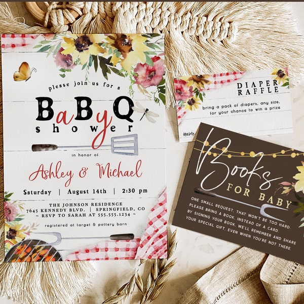 Baby Q Shower Invitation, Couples BBQ Sunflower bundle, DIGITAL Corjl editable templates