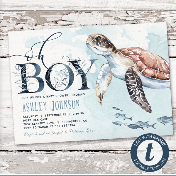 Boy Sea Turtle Baby Shower Invitation, Ocean printable invite | INSTANT DOWNLOAD | editable digital file, Templett