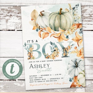 Boy Pumpkins Baby Shower Invitation: Autumn Printable (Digital File)