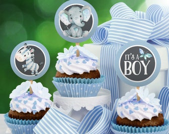 Elephant and Zebra Baby Shower Cupcake Toppers, printable INSTANT DOWNLOAD digital file - 02a