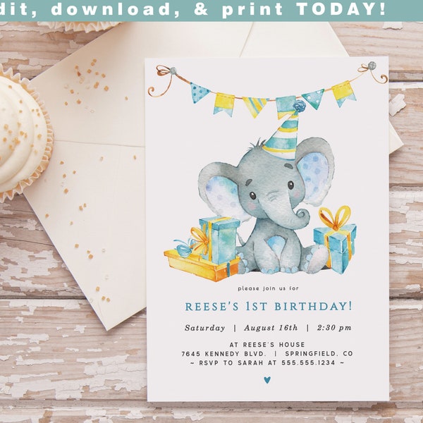 Editable Elephant Birthday Party Invitation Template to DOWNLOAD, 5x7 invite, DIGITAL file, Corjl