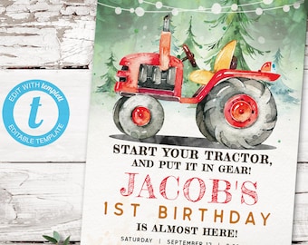 Invitación de cumpleaños de Farm Tractor, invitación imprimible, DESCARGA INSTANTÁNEA, archivo digital editable