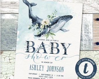 Whale Baby Shower Invitation, Ocean printable invite | INSTANT DOWNLOAD | editable digital file, Templett