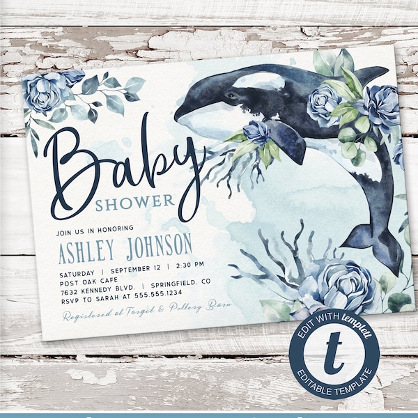 Orca Whale Baby Shower Invitation, Floral Ocean printable invite | INSTANT DOWNLOAD | editable digital file, Templett