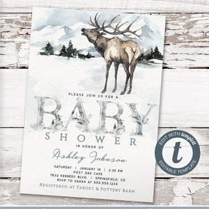 May include: A baby shower invitation with a watercolor illustration of a mountain landscape and an elk. The text reads "Please join us for a Baby Shower in honor of Ashley Johnson". The invitation includes the date, time, location, and RSVP information. The invitation is decorated with a gray and white floral design.