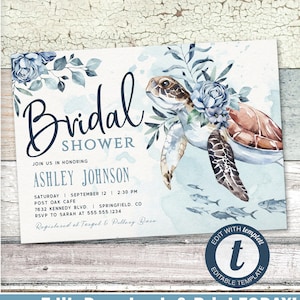 Bridal Shower Invitation, Ocean Sea Turtle printable invite | INSTANT DOWNLOAD | editable digital file, Templett