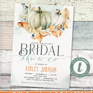 Autumn Pumpkins Bridal Shower Invitation, Floral printable invite | INSTANT DOWNLOAD | editable digital file, Templett