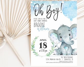 Baby Shower Invitation Boy Elephant, Editable Template DIGITAL DOWNLOAD, Templett, 01h