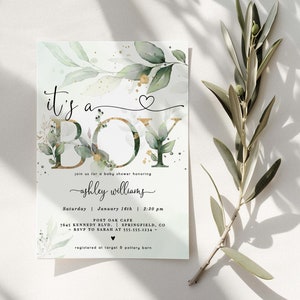 Boy Baby Shower Invitation, Greenery Editable Template Download, Eucalyptus, Corjl DIGITAL File, 09gr