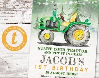 Green Tractor Birthday Invitation, Farm printable invite, INSTANT DOWNLOAD, editable digital file