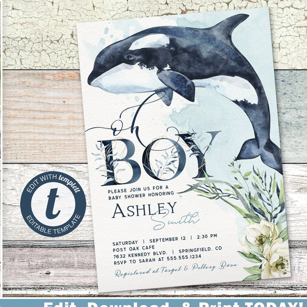 Orca Baby Shower Invitation, Boy Ocean Whale printable invite | INSTANT DOWNLOAD | editable digital file, Templett