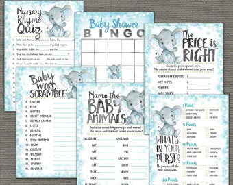 Elephant Baby Shower Games Package, printable INSTANT DOWNLOAD digital files, 01h