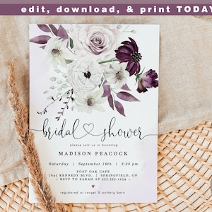 Violet Bruids douche uitnodiging, Bloemen 5x7 uitnodigen | INSTANT DOWNLOAD | bewerkbaar digitaal bestand, Corjl