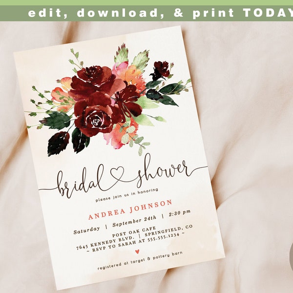 Coral and Burgundy Bridal Shower Invitation, Floral 5x7 invite | INSTANT DOWNLOAD | editable digital file, Corjl