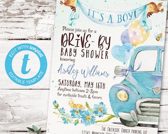 Drive By Baby Shower Invitation Boy: Blue Car Printable (Digital File)