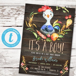 Rustic Rooster Baby Shower Invitation Boy (Digital File)