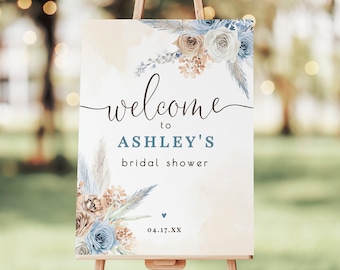 Bridal Shower Welcome Sign, Dusty Blue Floral, Corjl editable template digital download - bt07