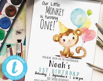 Monkey Birthday Invitation, 1st birthday printable 5x7 invite | INSTANT DOWNLOAD | editable digital file, Templett