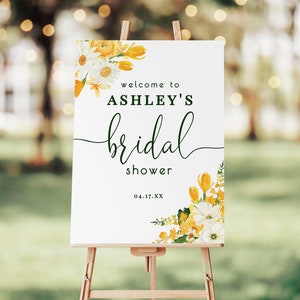 Signo de bienvenida de despedida de soltera, floral amarillo y verde, descarga digital de plantilla editable Corjl - bt49