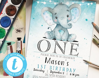 Invitación de elefante para primer cumpleaños de niño, 12,7 x 18,8 cm (archivo digital)