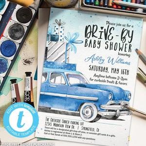 Blue Car Drive-By Baby Shower Invitation (Digital File)