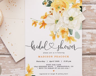 Yellow and White Bridal Shower Invitation, Floral 5x7 invite | INSTANT DOWNLOAD | editable digital file, Corjl