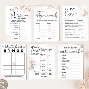 Roze bloemen baby shower games bundel | INSTANT DOWNLOAD | bewerkbaar digitaal bestand, Corjl