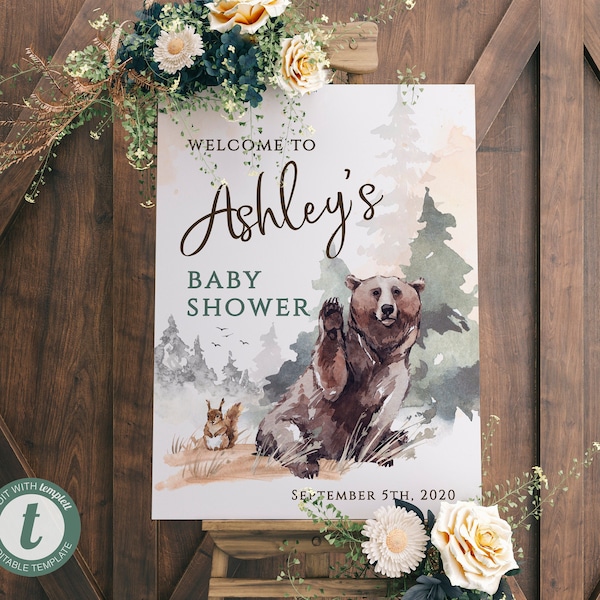 Woodland Bear Baby Shower Welcome Sign, 16x20, 18x24 printable INSTANT DOWNLOAD digital files - ws1