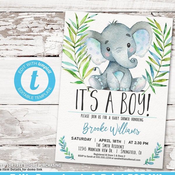 Boy Elephant Baby Shower Invitation, printable invite | INSTANT DOWNLOAD | editable digital file, Templett