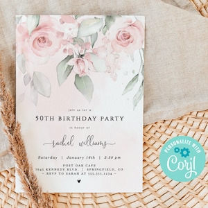 Pink Floral Birthday Party Invitation, 5x7 invite | INSTANT DOWNLOAD | editable digital file, Corjl