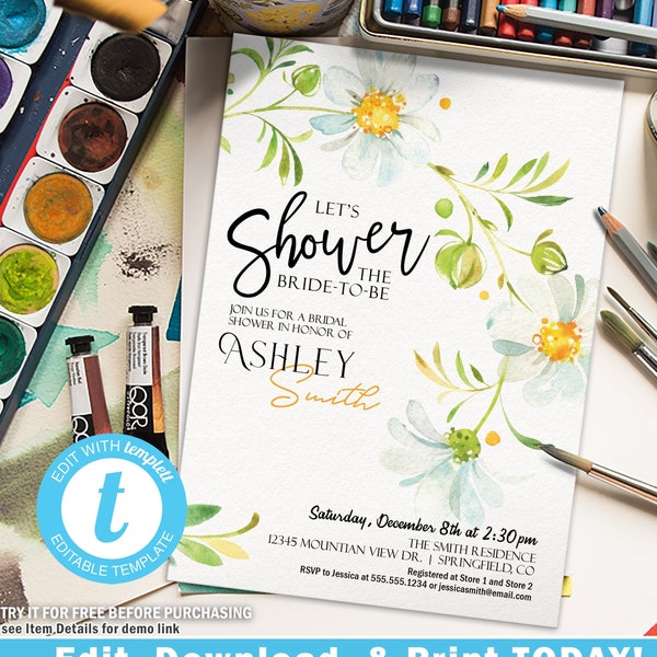 Daisy Bridal Shower Invitation, Floral Daisies 5x7 invite | INSTANT DOWNLOAD | editable digital file, Templett