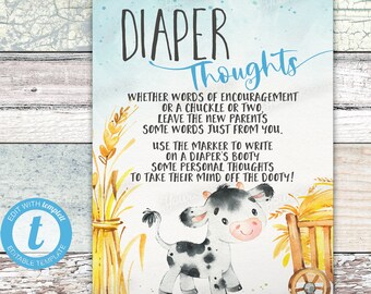 Cow Diaper Thoughts Sign: Blue Farm Baby Shower (Digital Download)