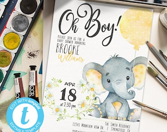 Yellow Elephant Baby Shower Invitation Boy: Printable Template (Digital Download)