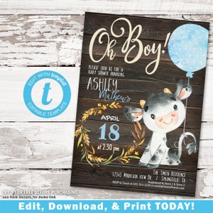 Rustic Cow Baby Shower Invitation: Farm Animal Printable (Digital File)