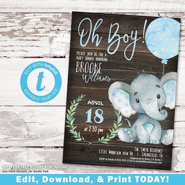 Rustic Baby Shower Invitation Boy Elephant printable invite | INSTANT DOWNLOAD | editable digital file, Templett