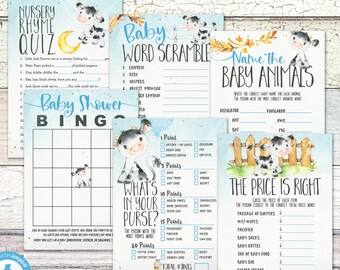 Op de afbeelding: Een set met printbare babyshower-spellen met een blauw en wit kleurenschema en een koe-thema. De spellen omvatten een kinderrijmpje-quiz, een baby-woordspel, een spel waarbij je de babydieren moet raden, een babyshower-bingo, een spel waarbij je moet raden wat er in je tas zit, en een prijs is goed-spel.