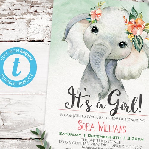 Baby Girl Elephant Invitation Baby Shower Printable Invite | Etsy